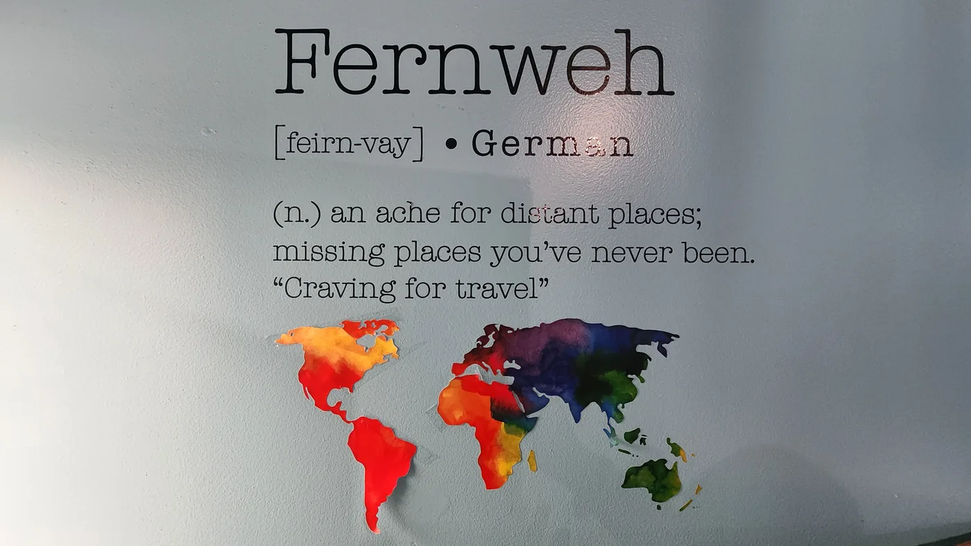 Wall art reading: Fernweh [feirn-vay] German (n.) an ache for distant places — beside a watercolor map of the world