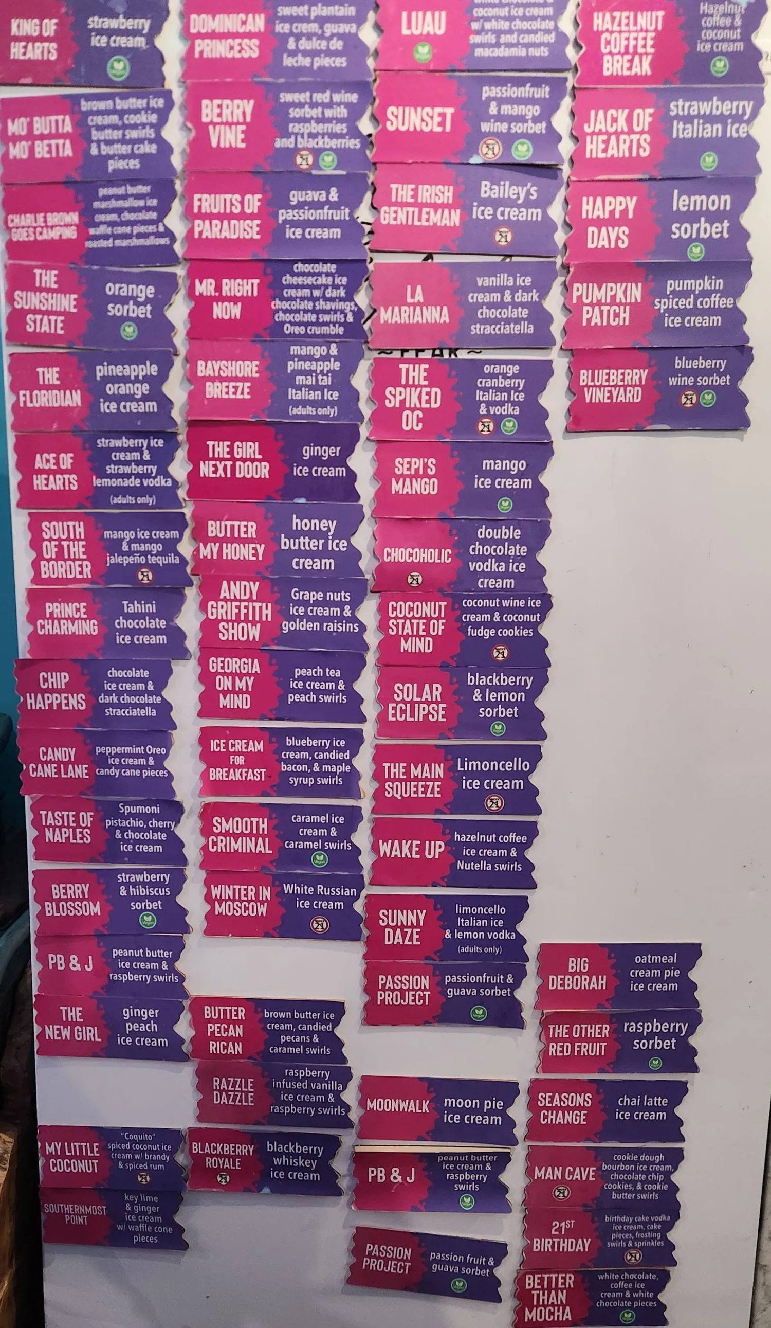A wall covered in dozens of pink-and-purple flavor cards — Fernweh's running flavor library since 2019